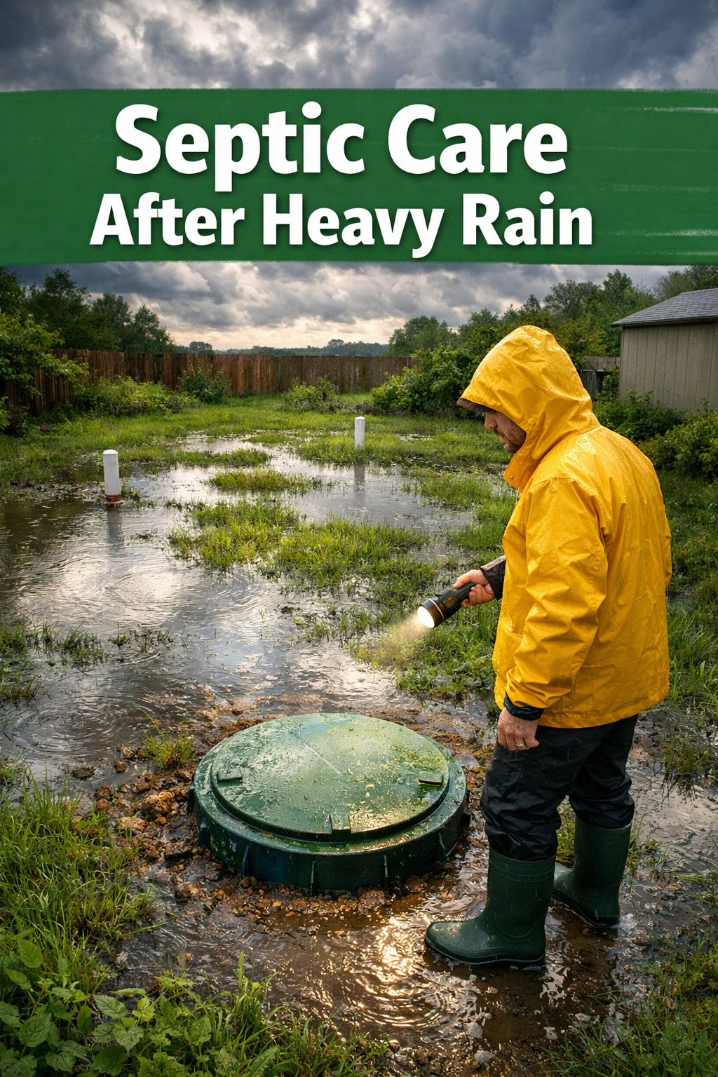 Portrait/Pinterest format () seasonal maintenance scene showing a homeowner in rain gear standing near a septic tank access