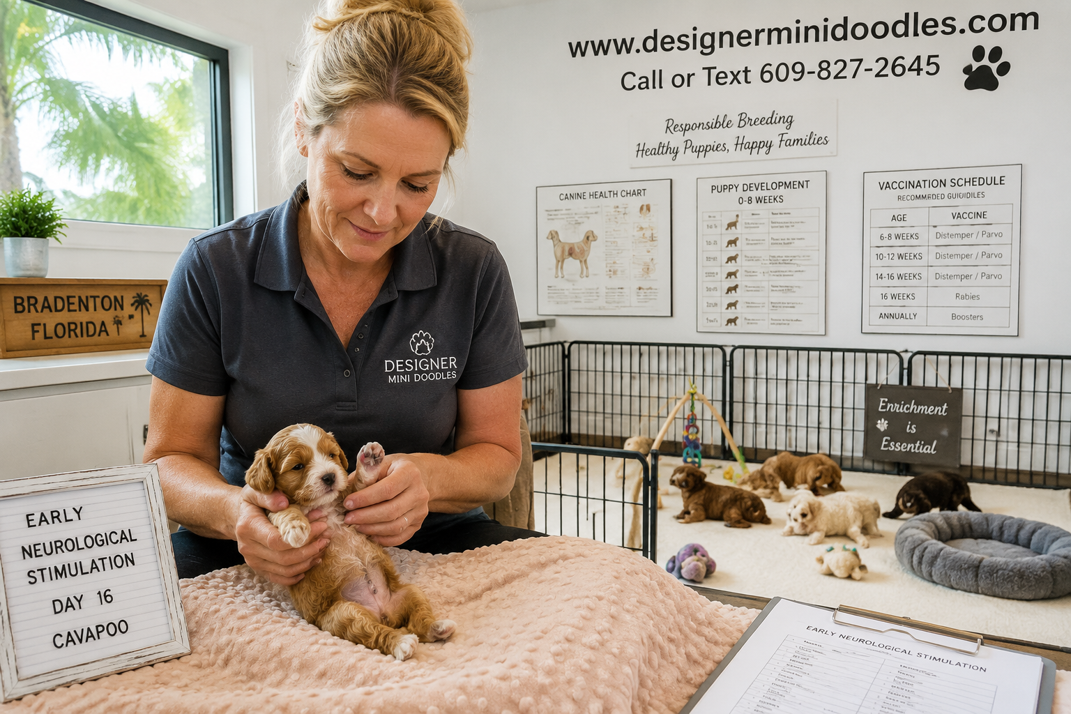 Detailed () image of a responsible breeder facility scene showing a clean bright puppy nursery with a caretaker gently