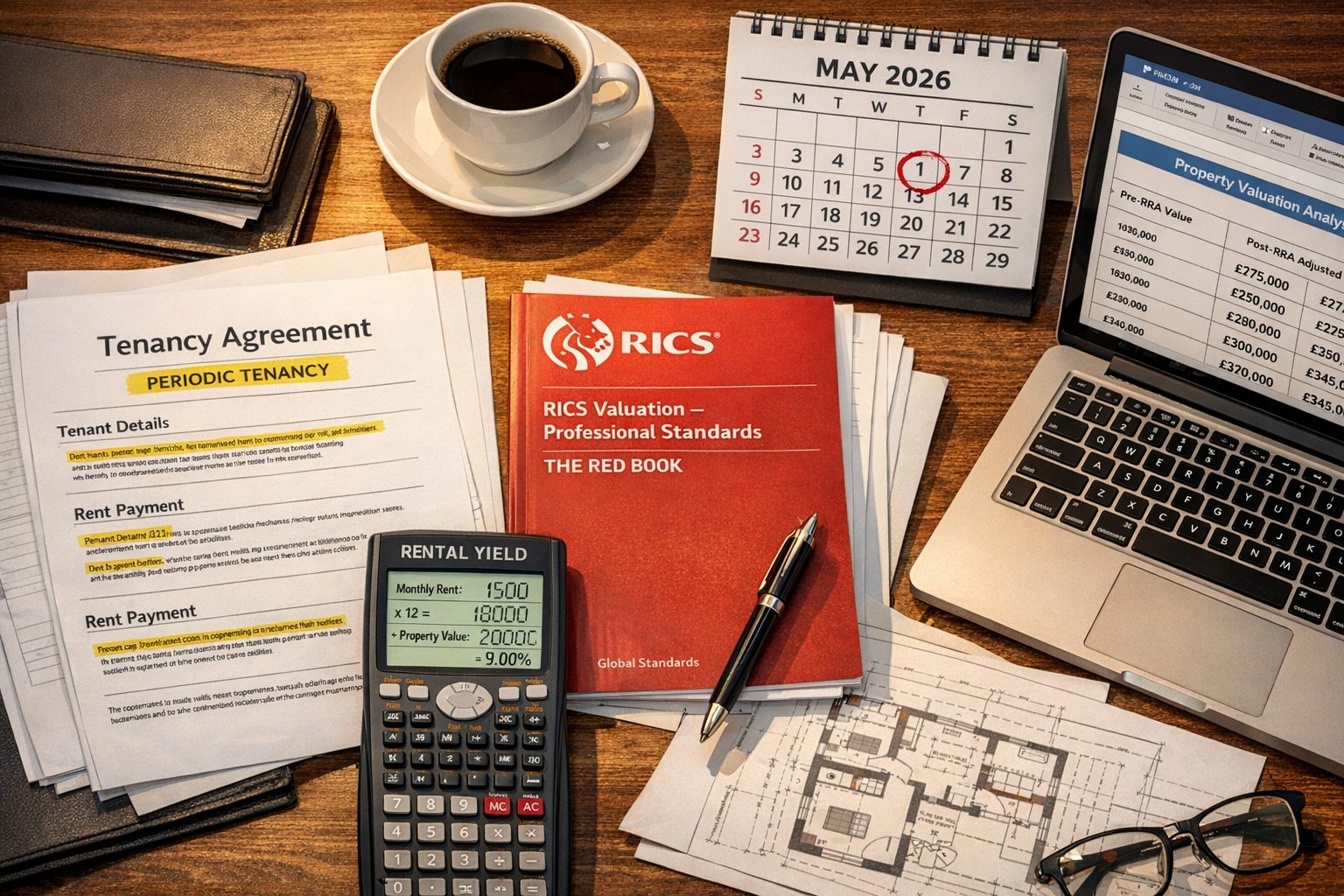 Detailed () image showing professional surveyor's desk with multiple documents spread out: tenancy agreement marked