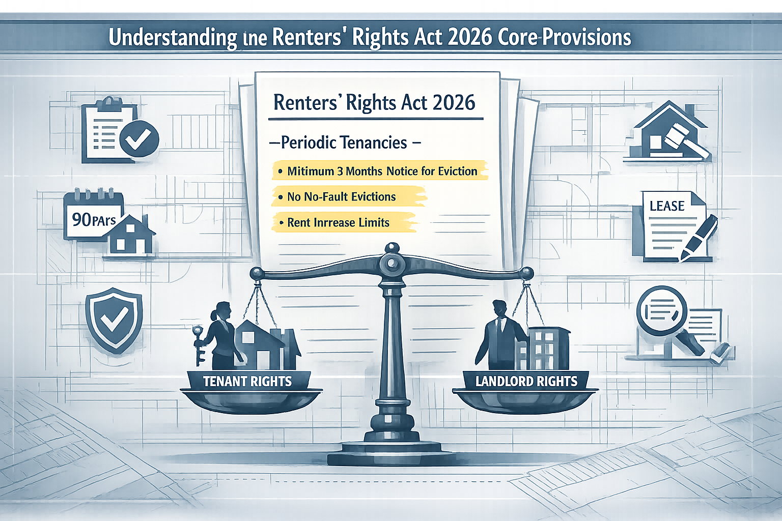 Section 2: Understanding the Renters' Rights Act 2026 Core Provisions - infographic depicting legal scales balancing tenant