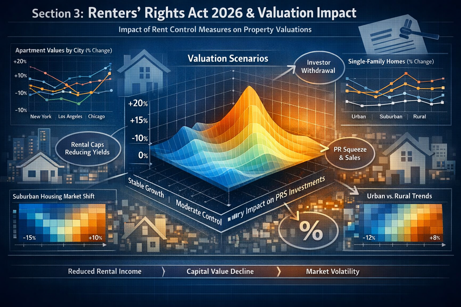 Section 3: Renters' Rights Act 2026 and Valuation Impact - Sophisticated data visualization showing property valuation