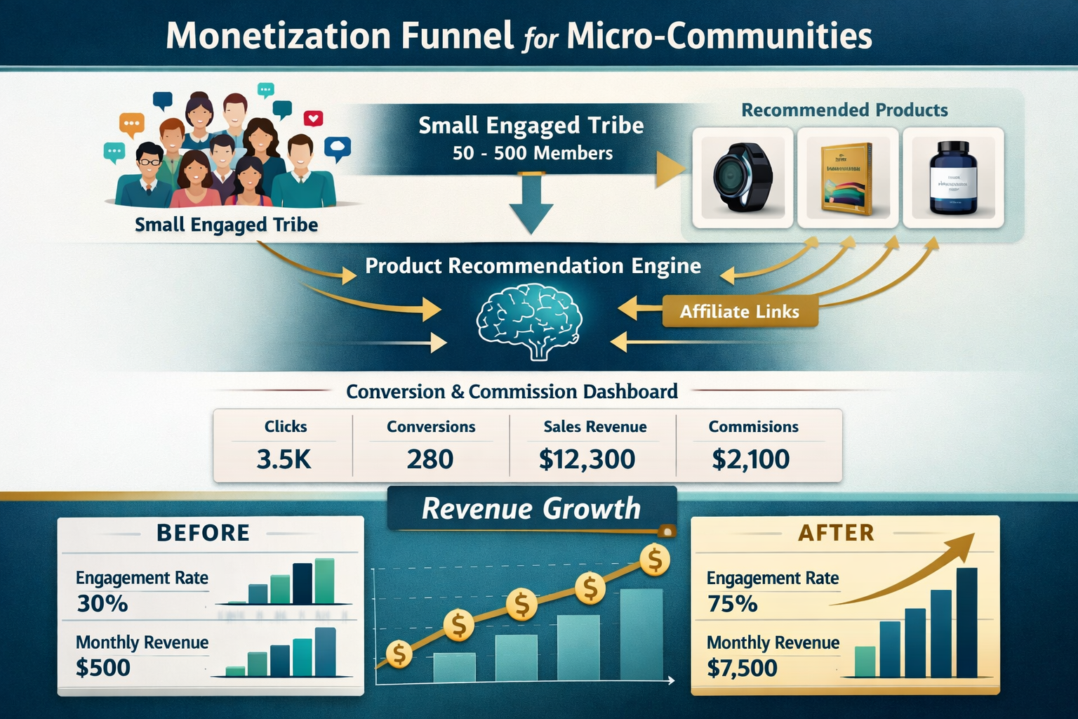 Landscape format (1536x1024) professional infographic-style image displaying monetization funnel for micro-communities: top shows small enga