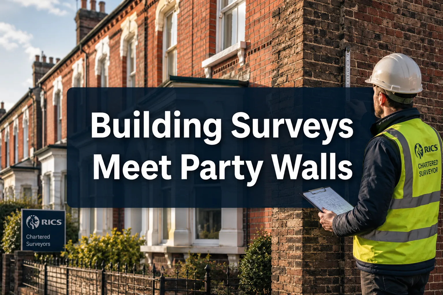 Professional () hero image with 'Building Surveys Meet Party Walls' in crisp white on a dark semi-transparent panel,