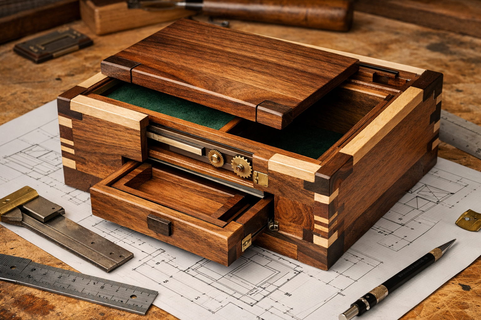 A detailed, wide-angle shot of a custom-designed wooden gift box, partially opened to reveal an ingeniously hidden