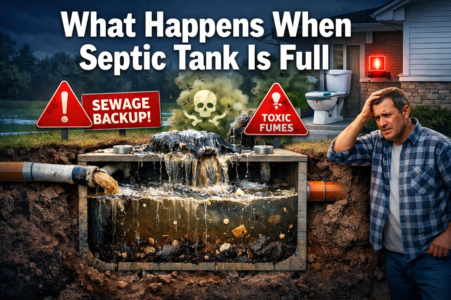 Professional landscape format (1536x1024) hero image featuring bold text overlay 'What Happens When Septic Tank Is Full' in extra large 72pt