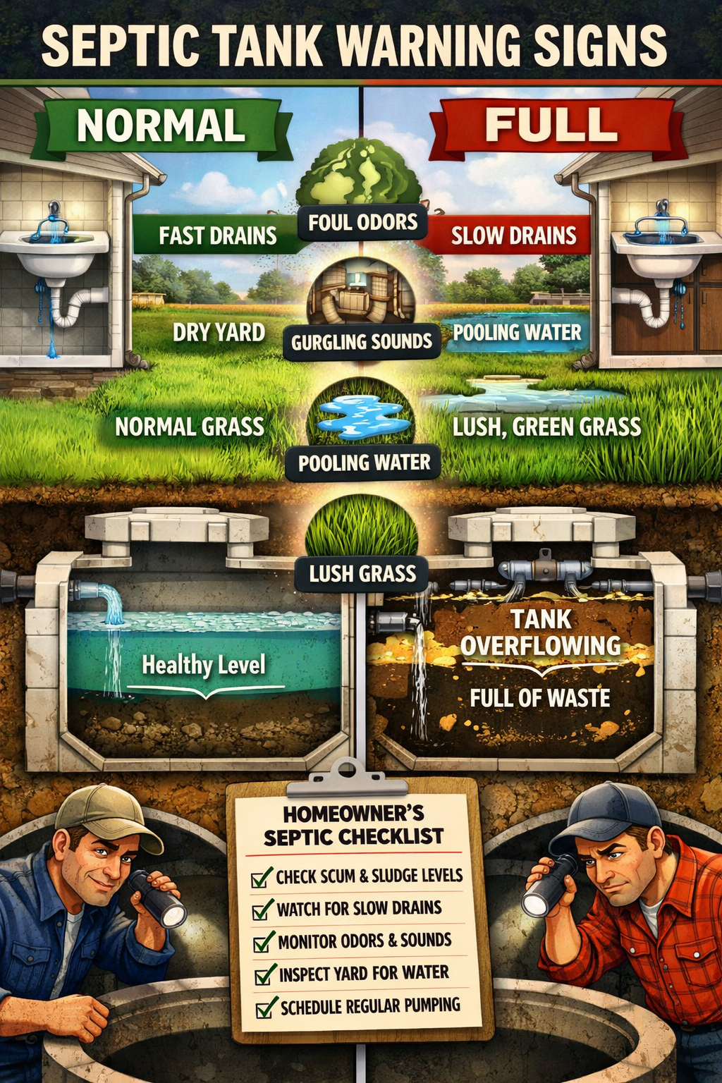 Portrait format (1024x1536) detailed illustration of septic tank warning signs with split-screen comparison of normal vs. full tank, visual 
