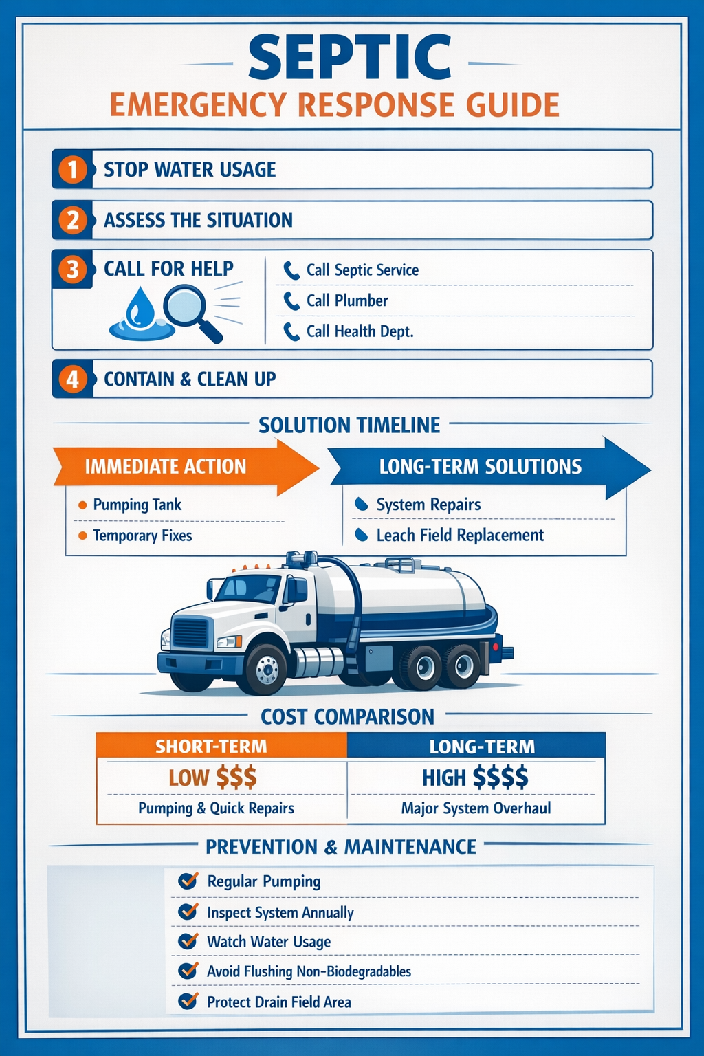 Portrait format (1024x1536) step-by-step emergency response flowchart with numbered action items, phone icons for professional services, pum