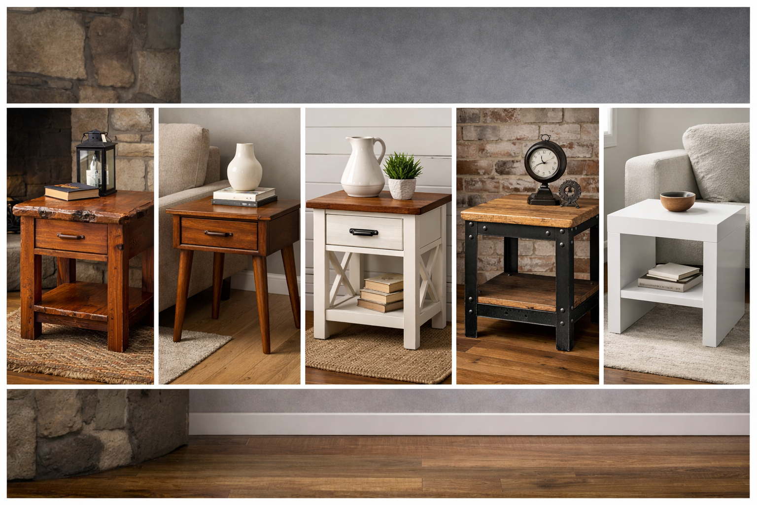 Landscape format (1536x1024) image displaying five distinct end table designs, each a small masterpiece. One end table embodies rustic charm