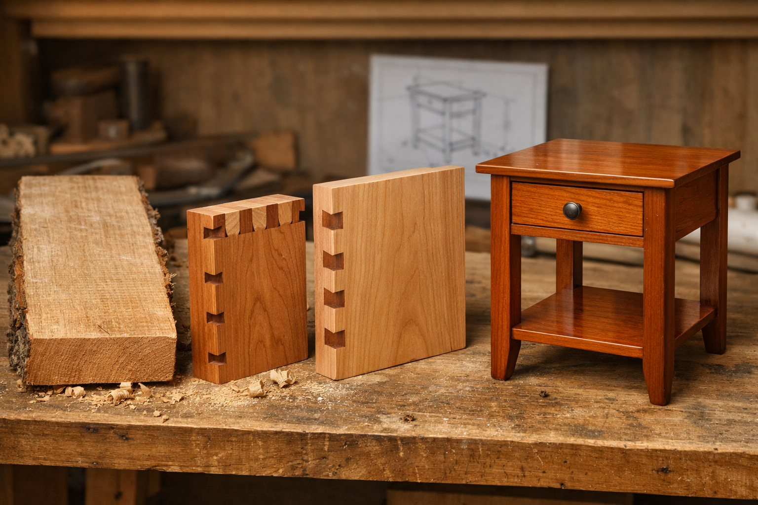Landscape format (1536x1024) image demonstrating the transformation of raw cherry wood into a finished end table. The image shows a sequence