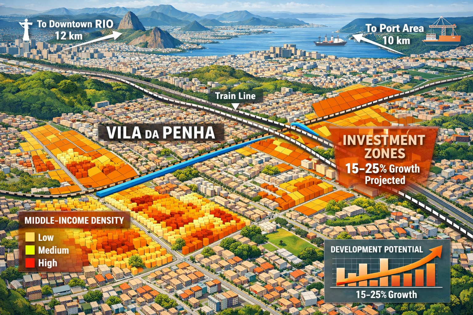 () detailed aerial view illustration of Vila da Penha neighborhood showing residential zones, transit connections including
