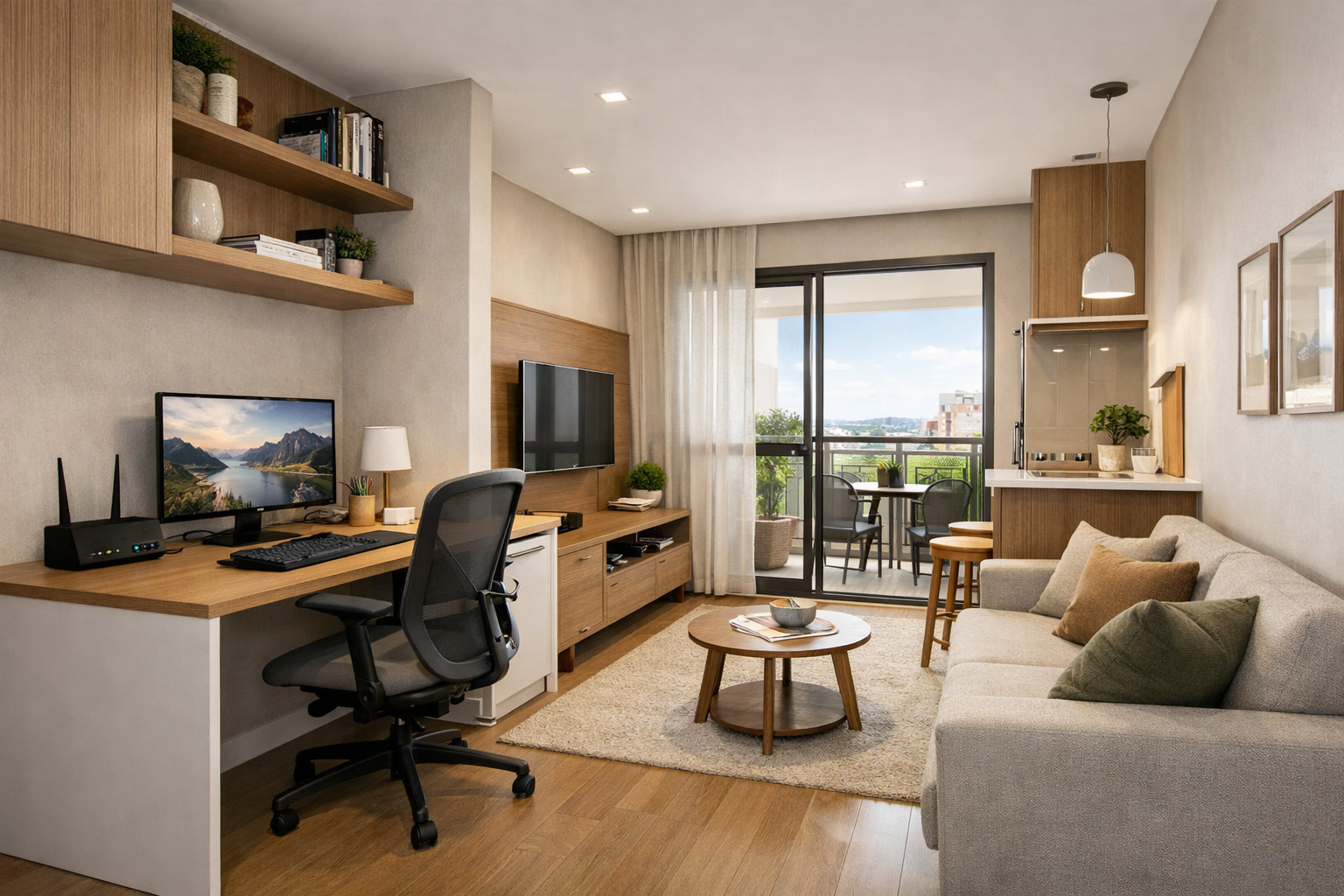 () interior architectural visualization of modern mid-tier condominium unit featuring compact home office workspace with