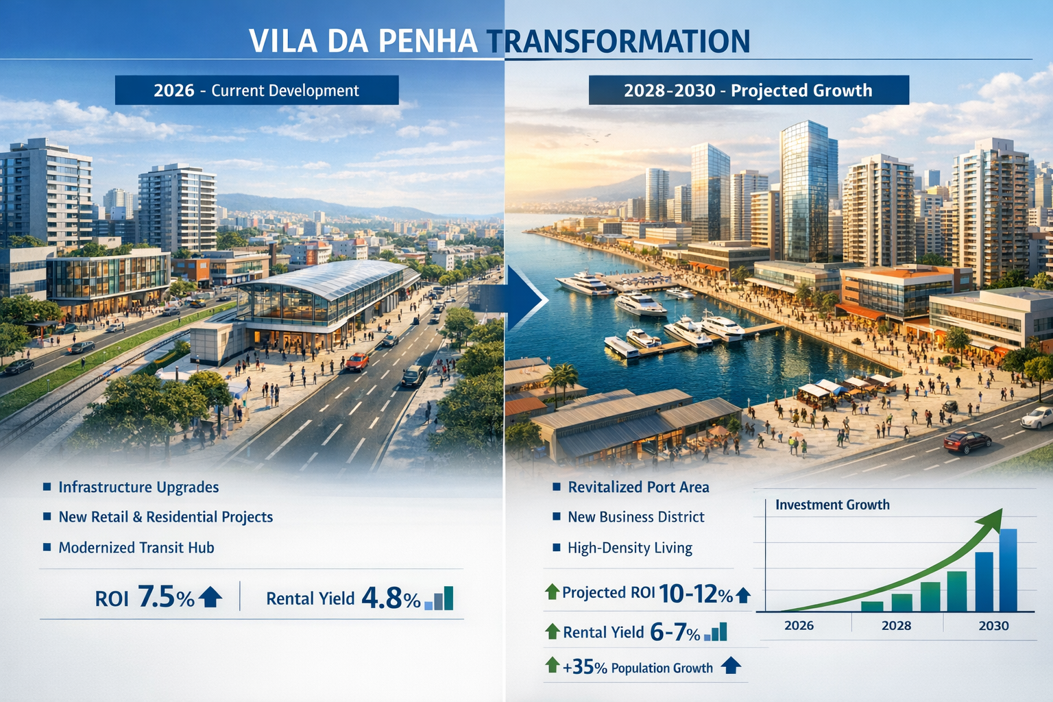 () split-screen comparison visualization showing Vila da Penha transformation timeline, left side depicting current 2026