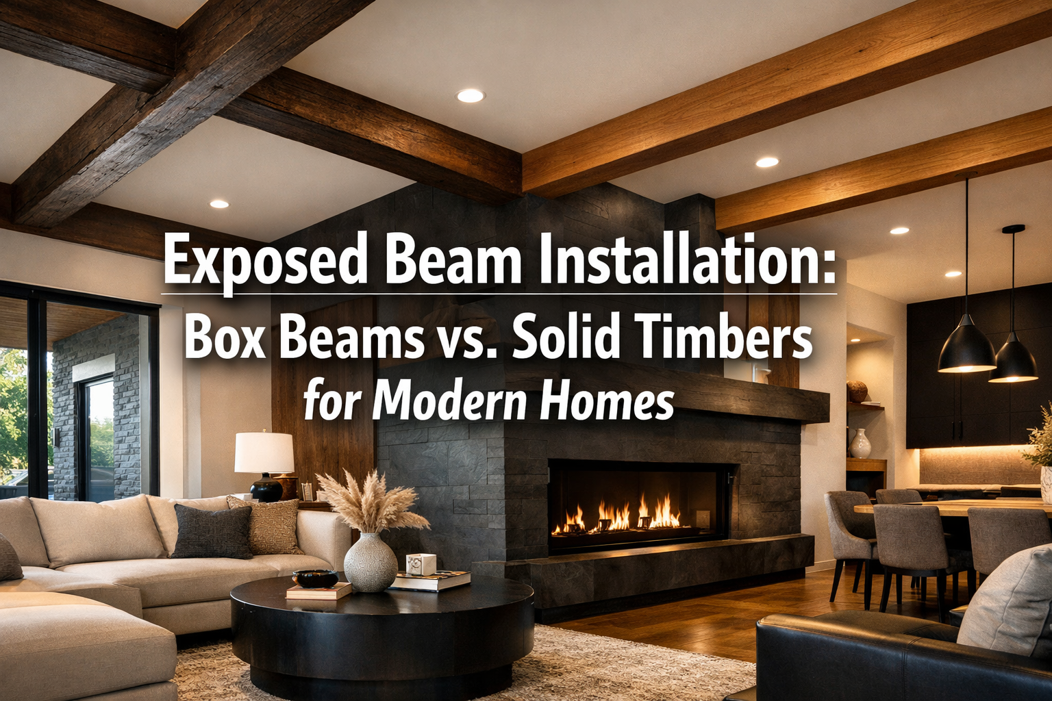 Professional landscape format (1536x1024) hero image with bold text overlay: 'Exposed Beam Installation: Box Beams vs. Solid Timbers for Mod