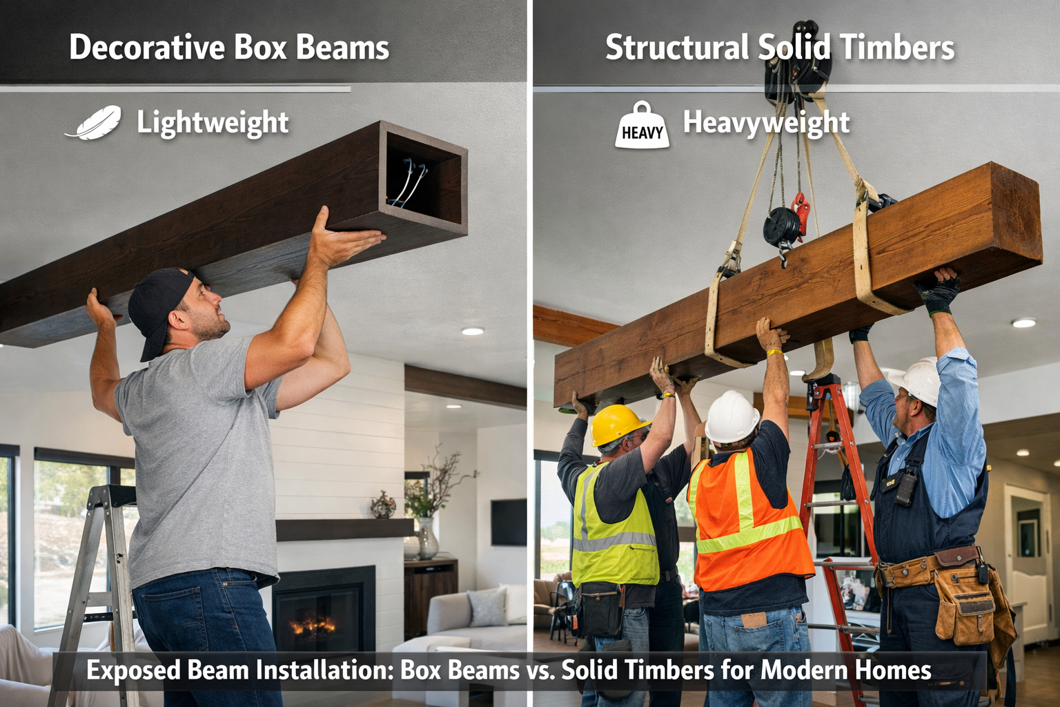 Detailed landscape format (1536x1024) image comparing box beams and solid timbers, featuring a split-screen composition. One side shows a li