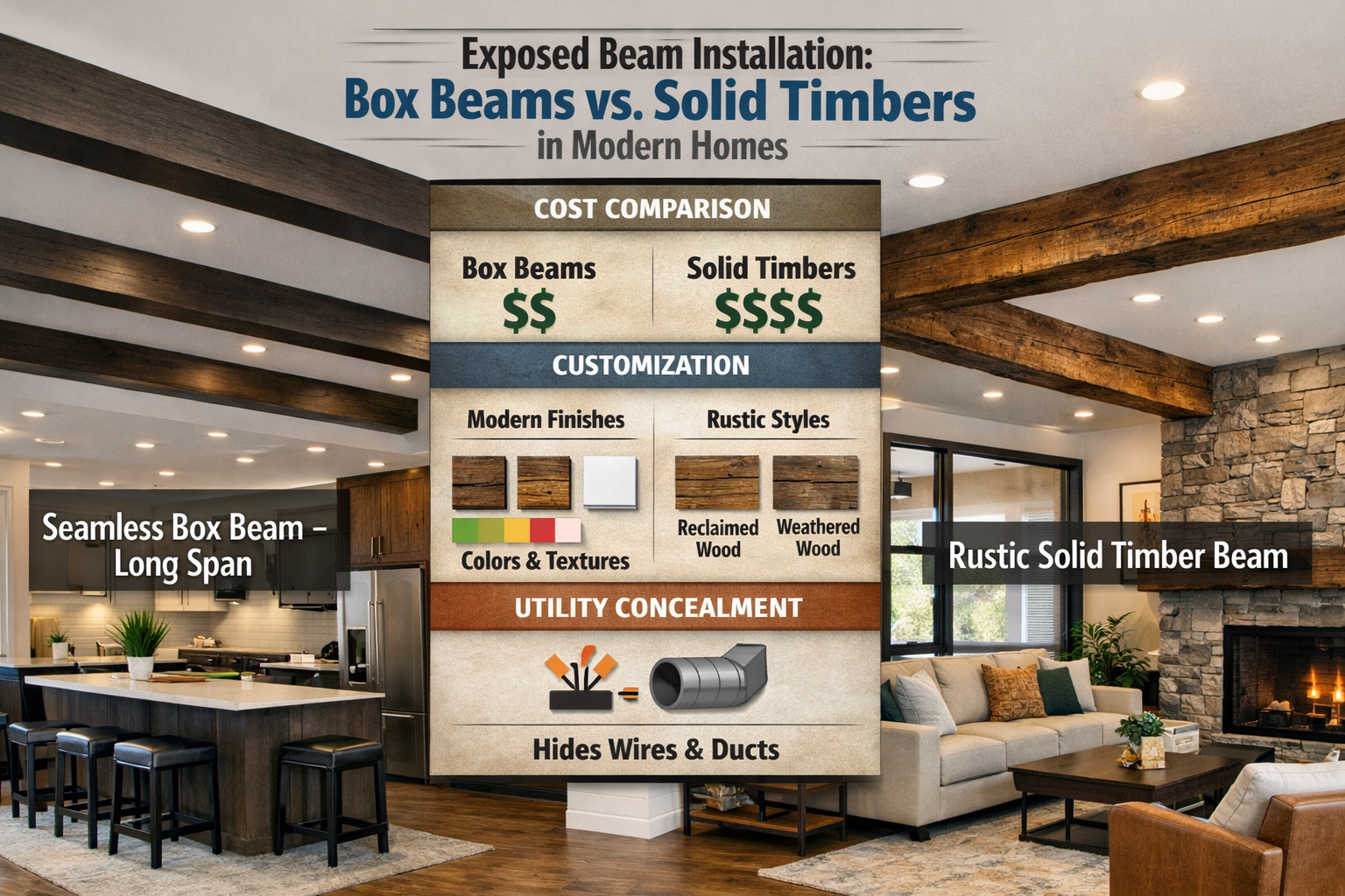 Detailed landscape format (1536x1024) image illustrating the design flexibility and practical considerations of box beams versus solid timbe