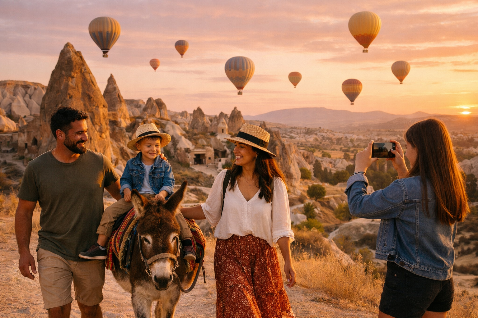 () editorial photo showing a diverse family scene in Cappadocia Turkey with fairy chimneys in golden hour light, a toddler