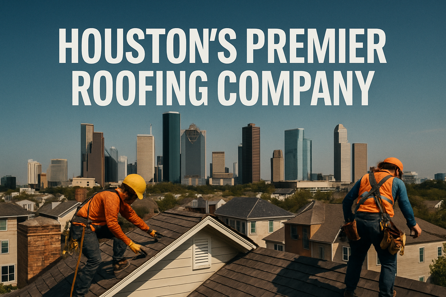 Professional landscape hero image (1536x1024) featuring bold text overlay 'Houston's Premier Roofing Company' in extra large 72pt white sans
