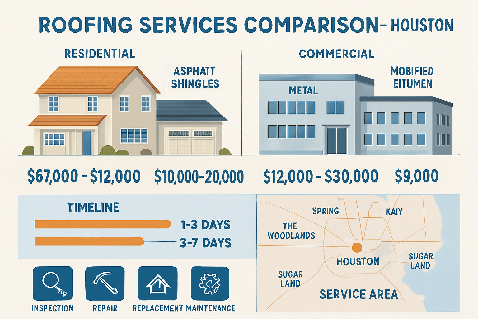 Detailed infographic-style image showing comprehensive roofing services comparison chart for Houston market. Visual elements include side-by