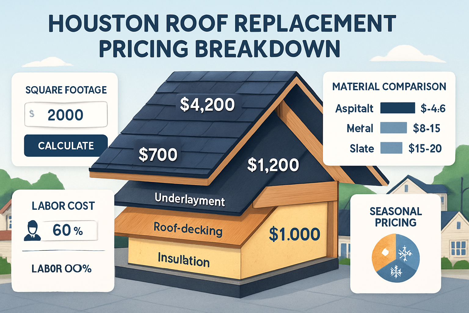 Interactive cost calculator visualization showing Houston roof replacement pricing breakdown. Central focus on detailed cross-section diagra