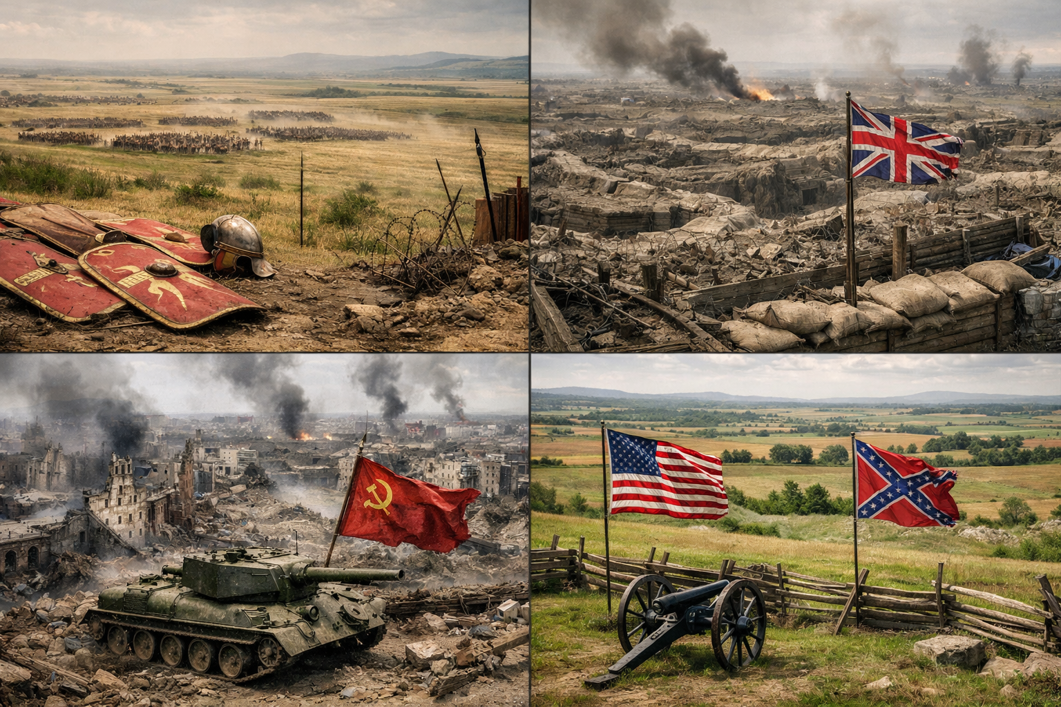 () split composition showing twelve iconic battlefield locations as a collage, aerial views of Cannae's plains, Somme's