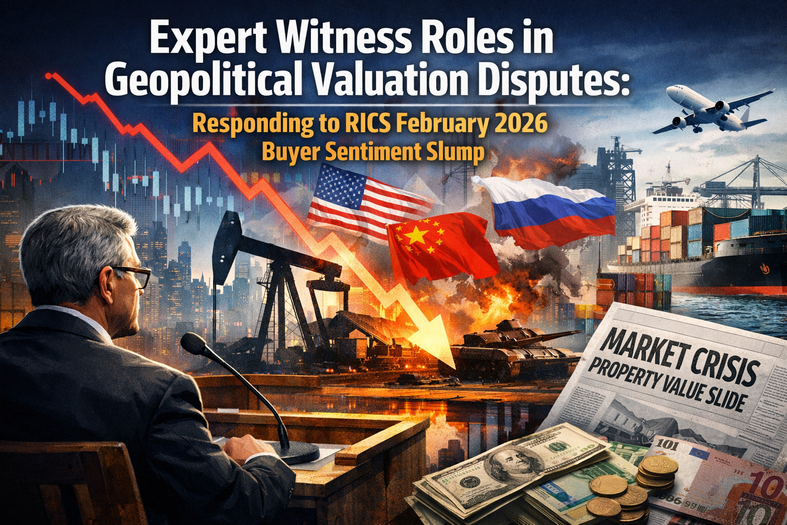 Professional landscape hero image () with : "Expert Witness Roles in Geopolitical Valuation Disputes: Responding to RICS