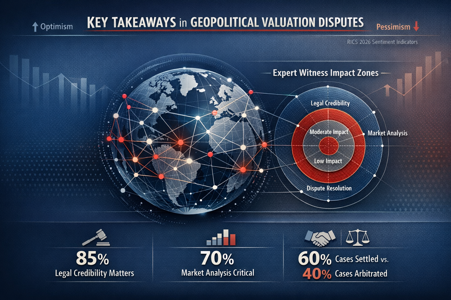 Editorial infographic visualizing 'Key Takeaways' for geopolitical valuation disputes, featuring a multi-layered radar chart