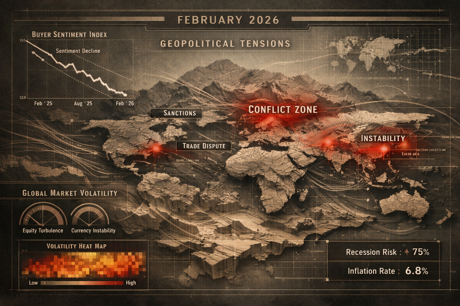Sophisticated market landscape visualization depicting February 2026 economic context, featuring a topographical map with