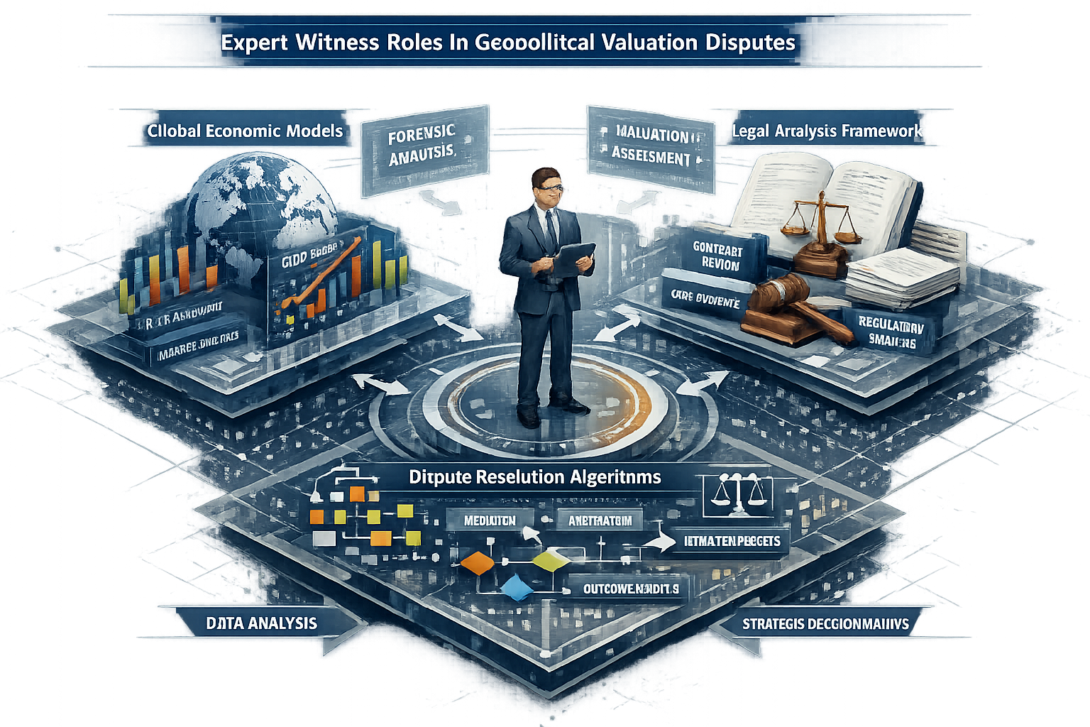 Technical illustration showcasing 'Expert Witness Roles in Geopolitical Valuation Disputes', featuring a multi-dimensional