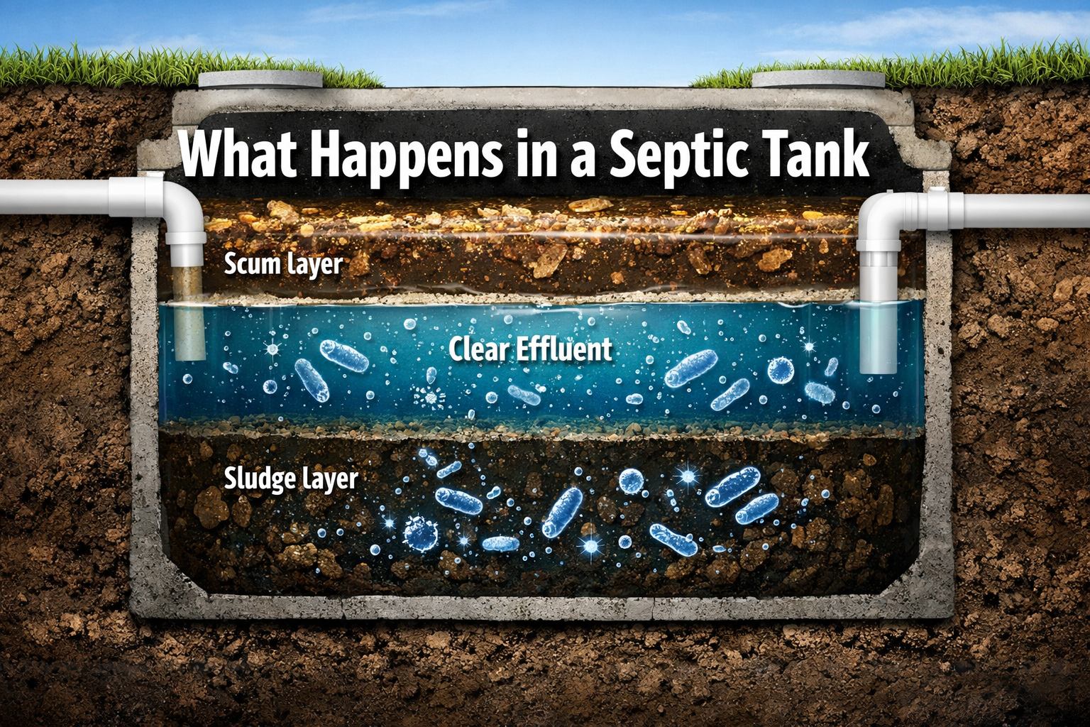 Professional landscape format (1536x1024) hero image featuring bold text overlay 'What Happens in a Septic Tank' in extra large 72pt white s