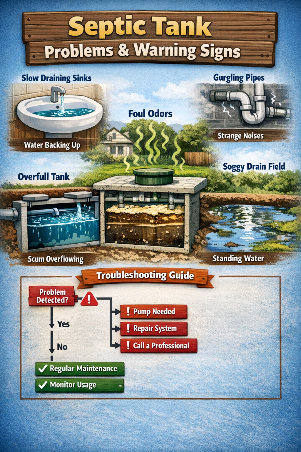 Portrait format (1024x1536) troubleshooting guide visual showing common septic tank problems and warning signs. Elements include slow draini