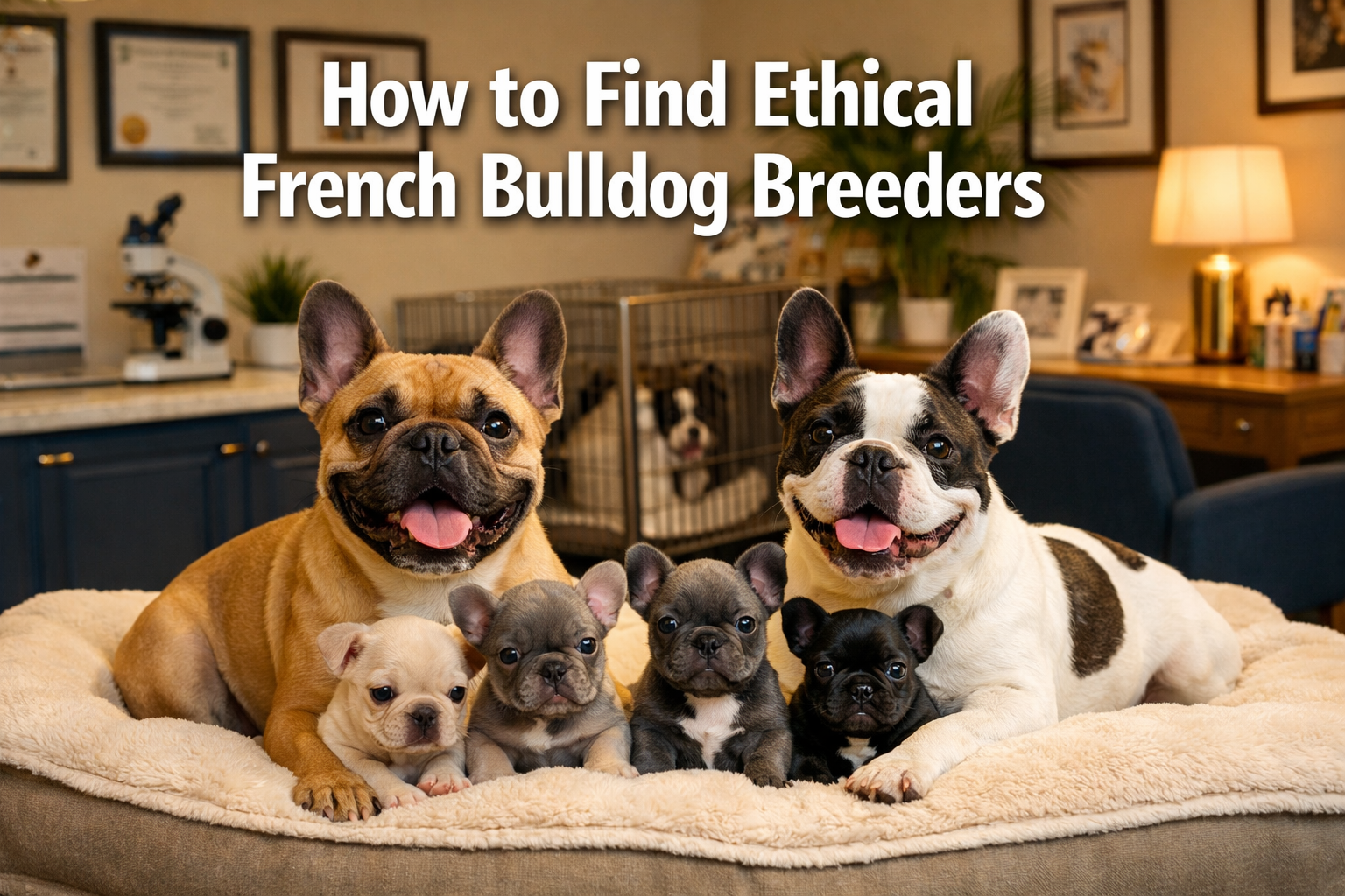 Professional landscape format (1536x1024) hero image featuring bold text overlay 'How to Find Ethical French Bulldog Breeders' in extra larg