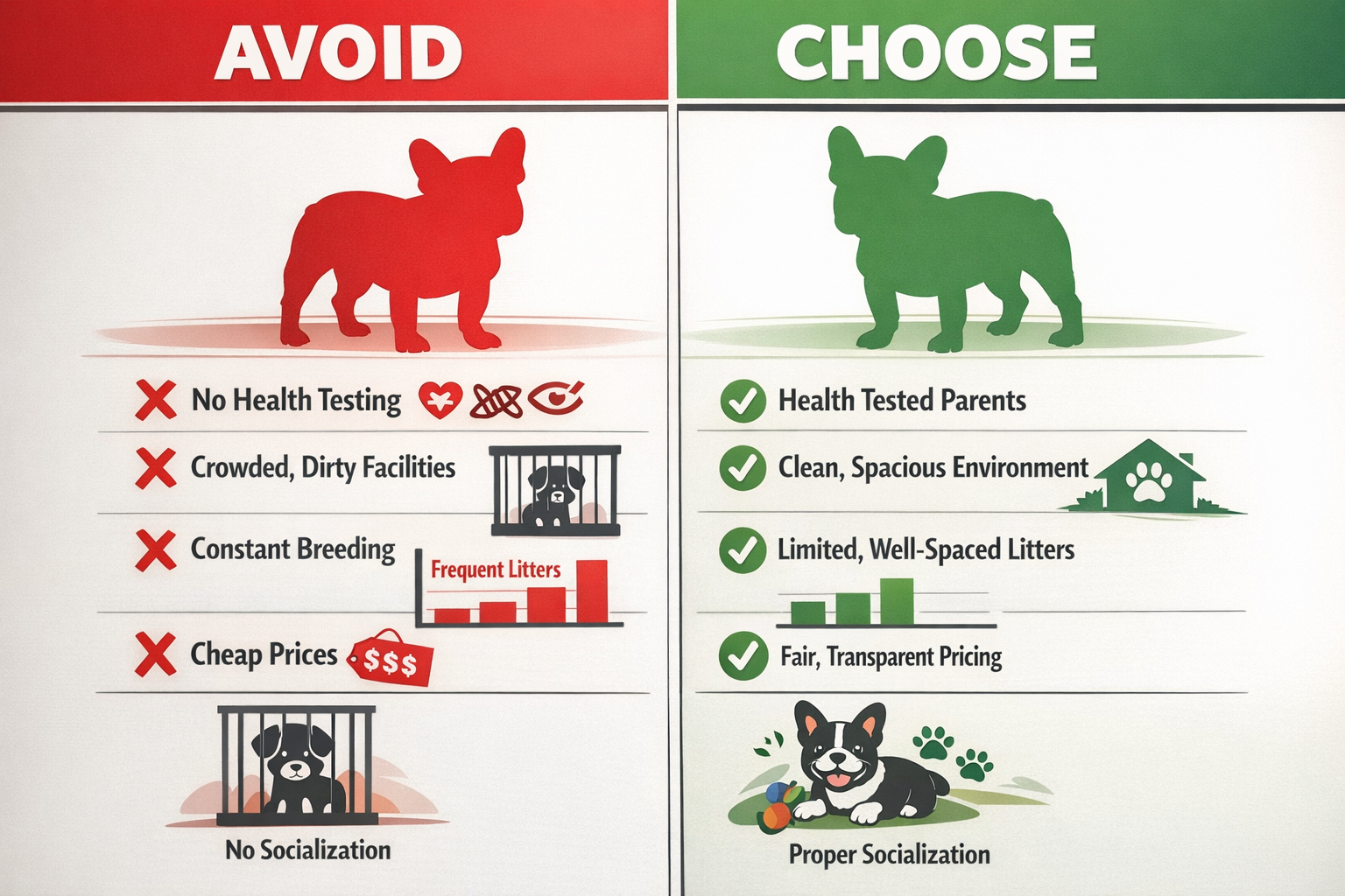 Portrait format (1024x1536) infographic showing red warning flags for puppy mills versus green checkmarks for ethical breeders. Split-screen
