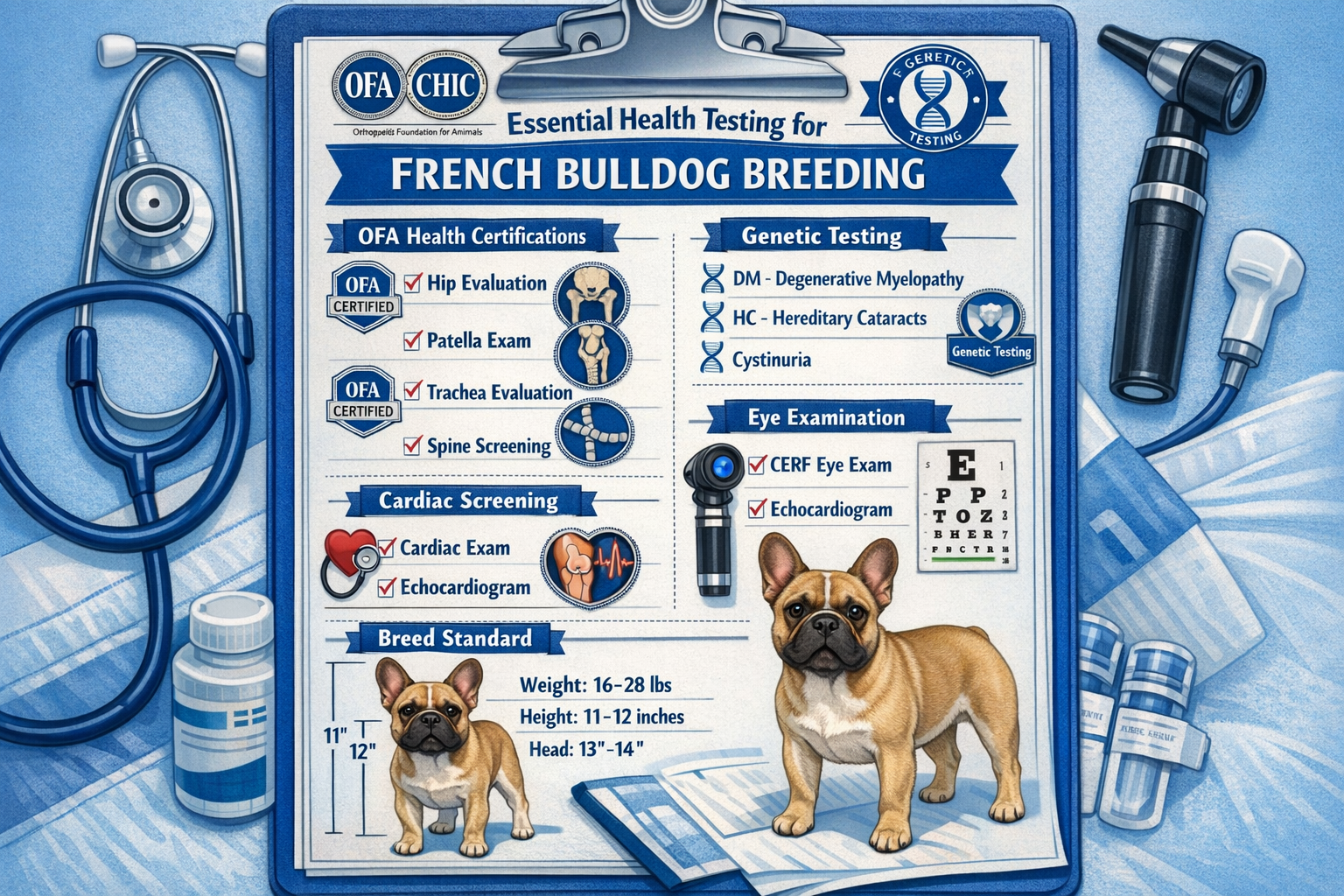 Portrait format (1024x1536) detailed checklist illustration showing essential health testing requirements for French Bulldog breeding. Featu