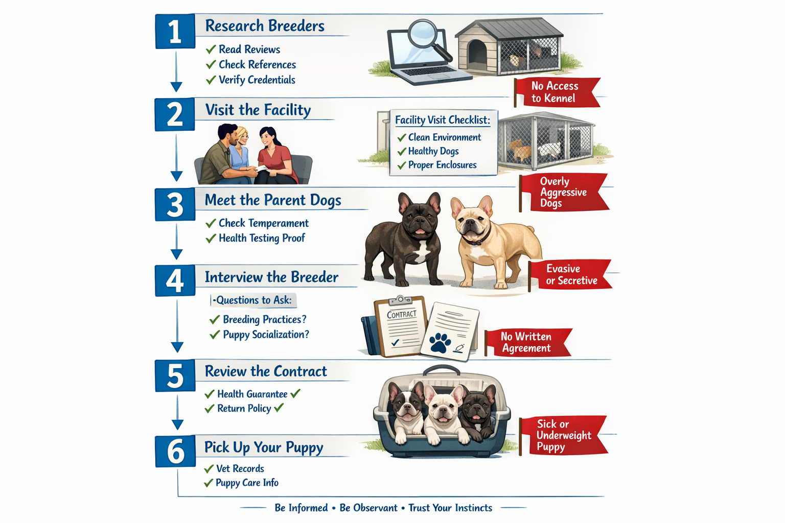Portrait format (1024x1536) step-by-step visual guide showing the ethical breeder evaluation process. Timeline format with numbered steps fr