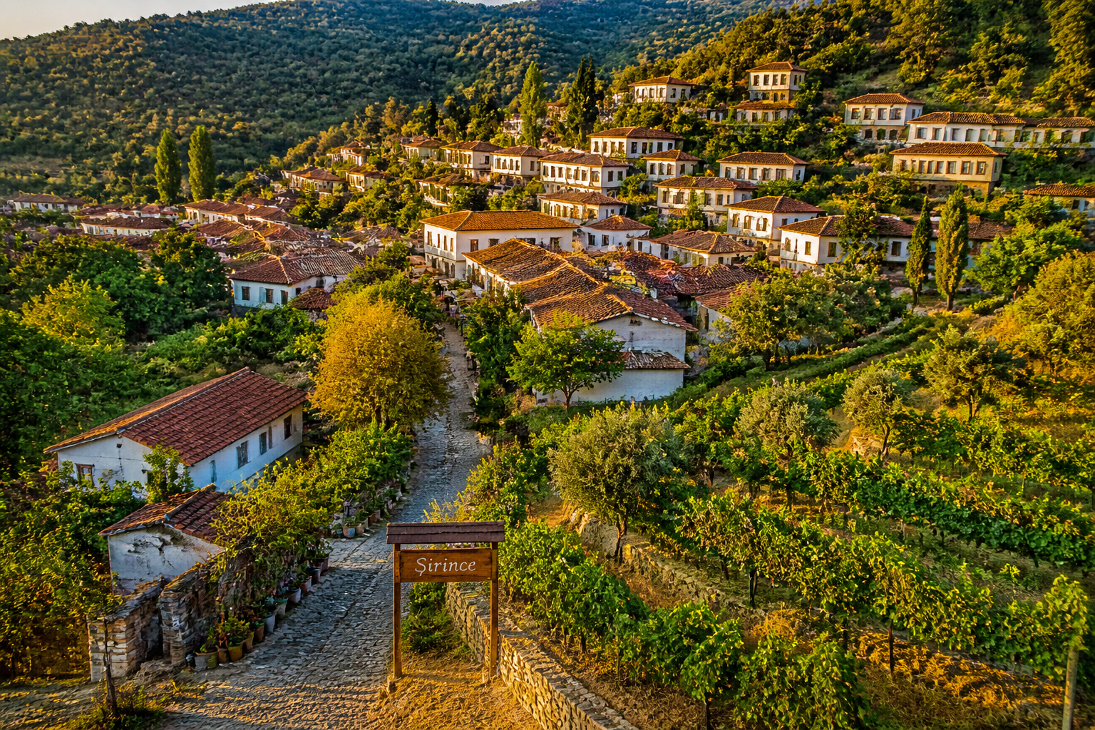 () editorial image showing a bird's-eye aerial view of Şirince village in İzmir province, Turkey &mdash; white-washed stone houses