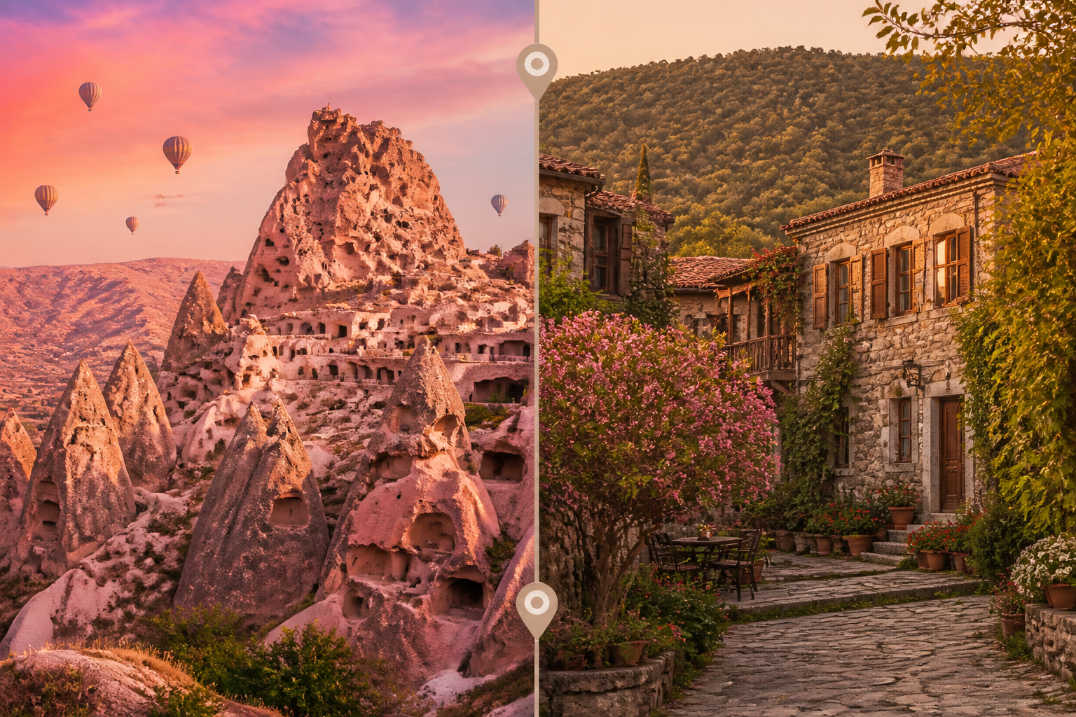 () editorial image depicting a split-scene comparison: on the left, the dramatic volcanic rock formations and cave dwellings
