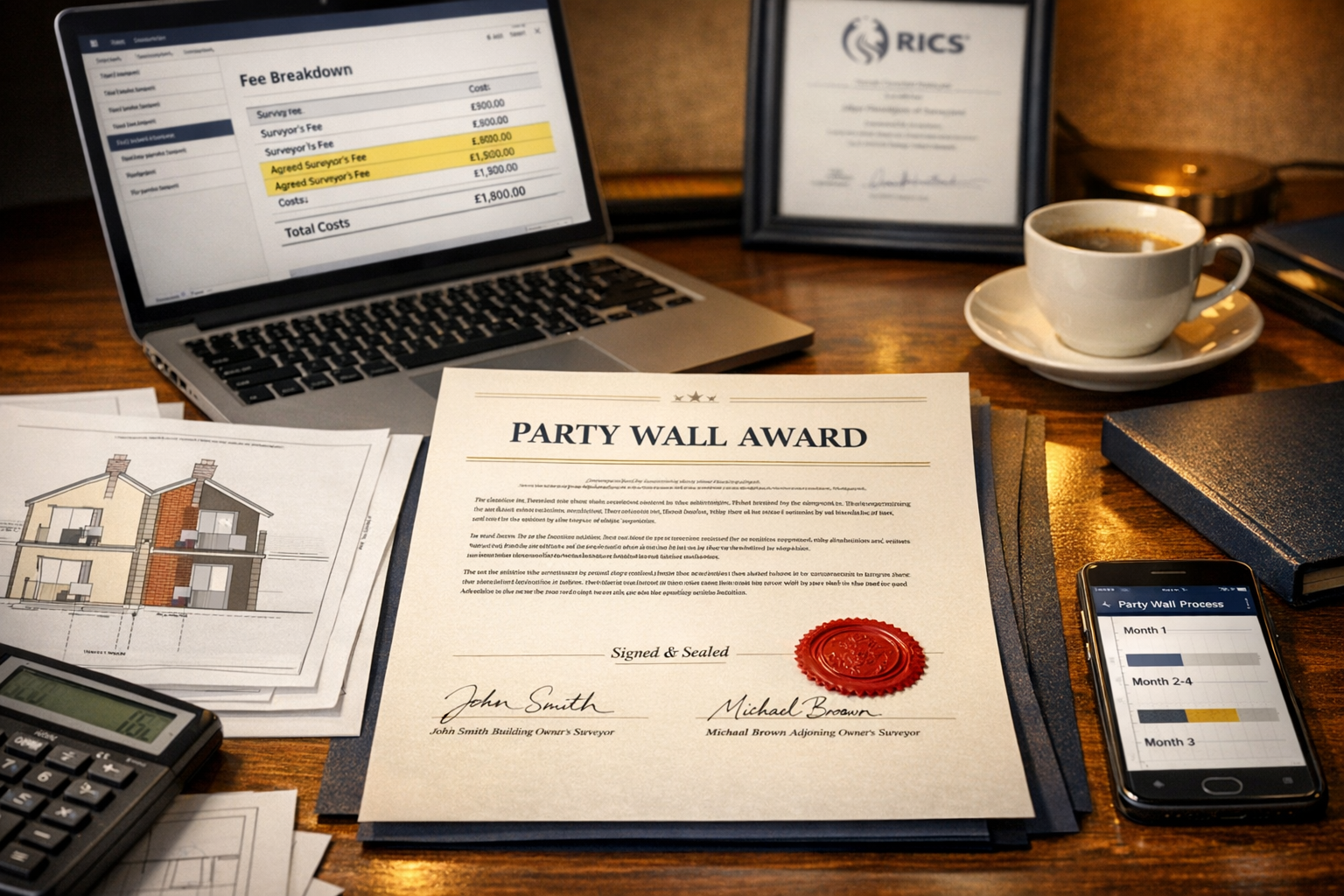 Detailed () image showing close-up of professional party wall surveyor's desk workspace with multiple elements: official