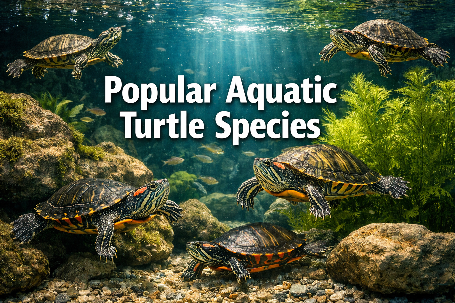 Professional landscape hero image (1536x1024) featuring bold text overlay 'Popular Aquatic Turtle Species' in extra large 72pt white sans-se