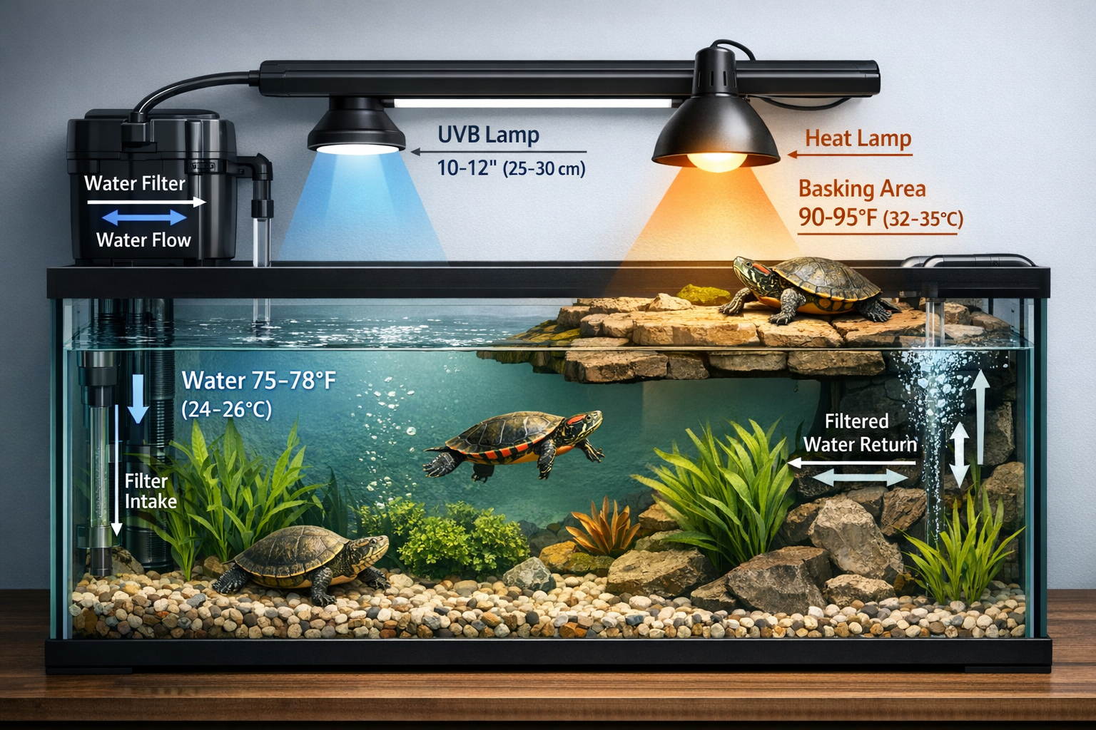 Professional aquatic turtle habitat setup image (1536x1024) featuring large glass aquarium with proper basking area, UVB lighting, filtratio