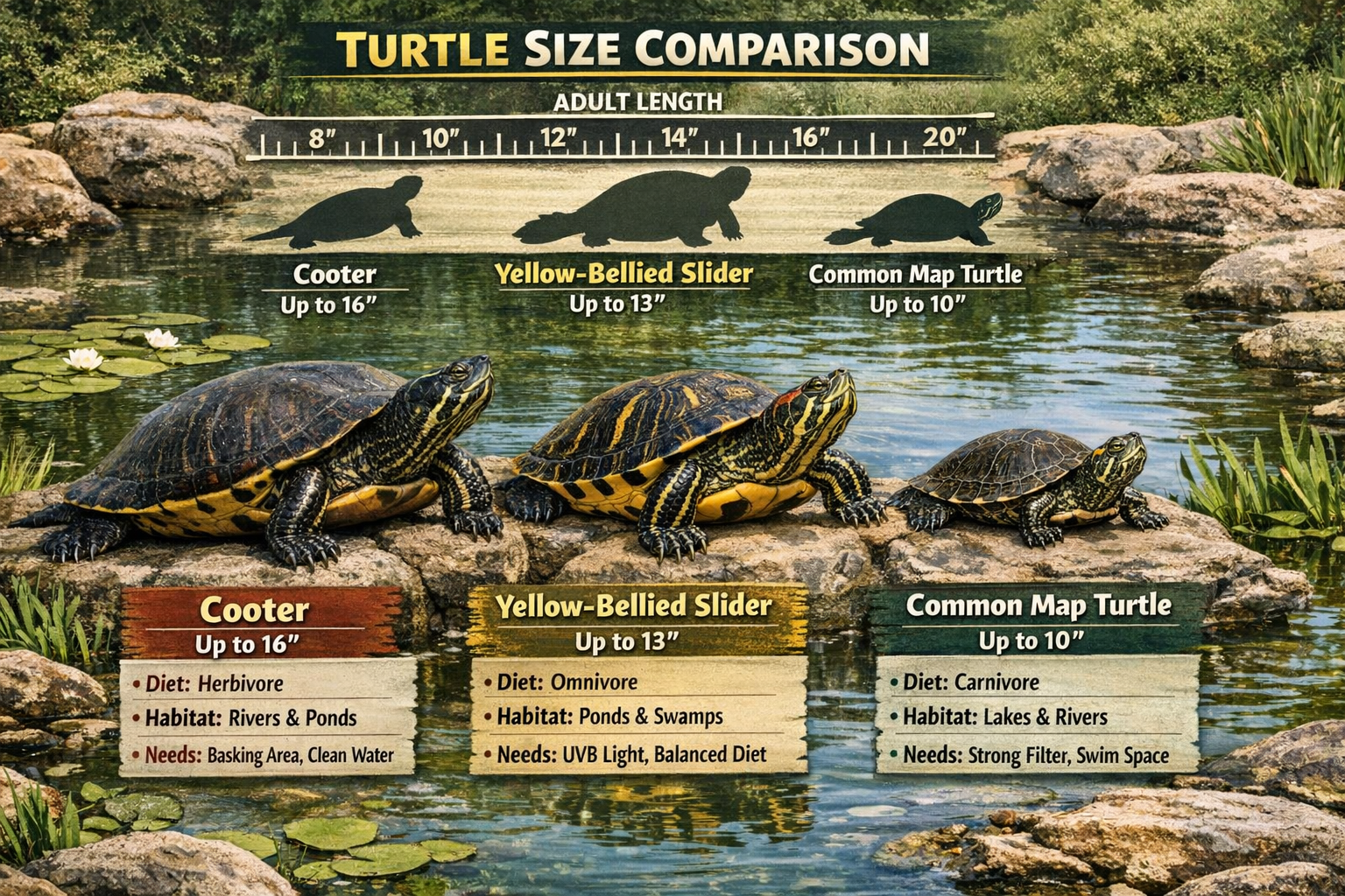 Landscape image (1536x1024) showcasing medium to large aquatic turtle species comparison with cooter turtle, yellow-bellied slider, and comm