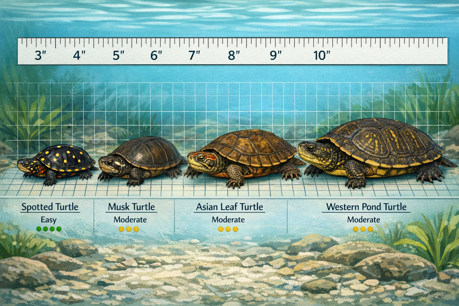 Interactive size comparison chart image (1536x1024) displaying small aquatic turtle species arranged from smallest to largest - spotted turt