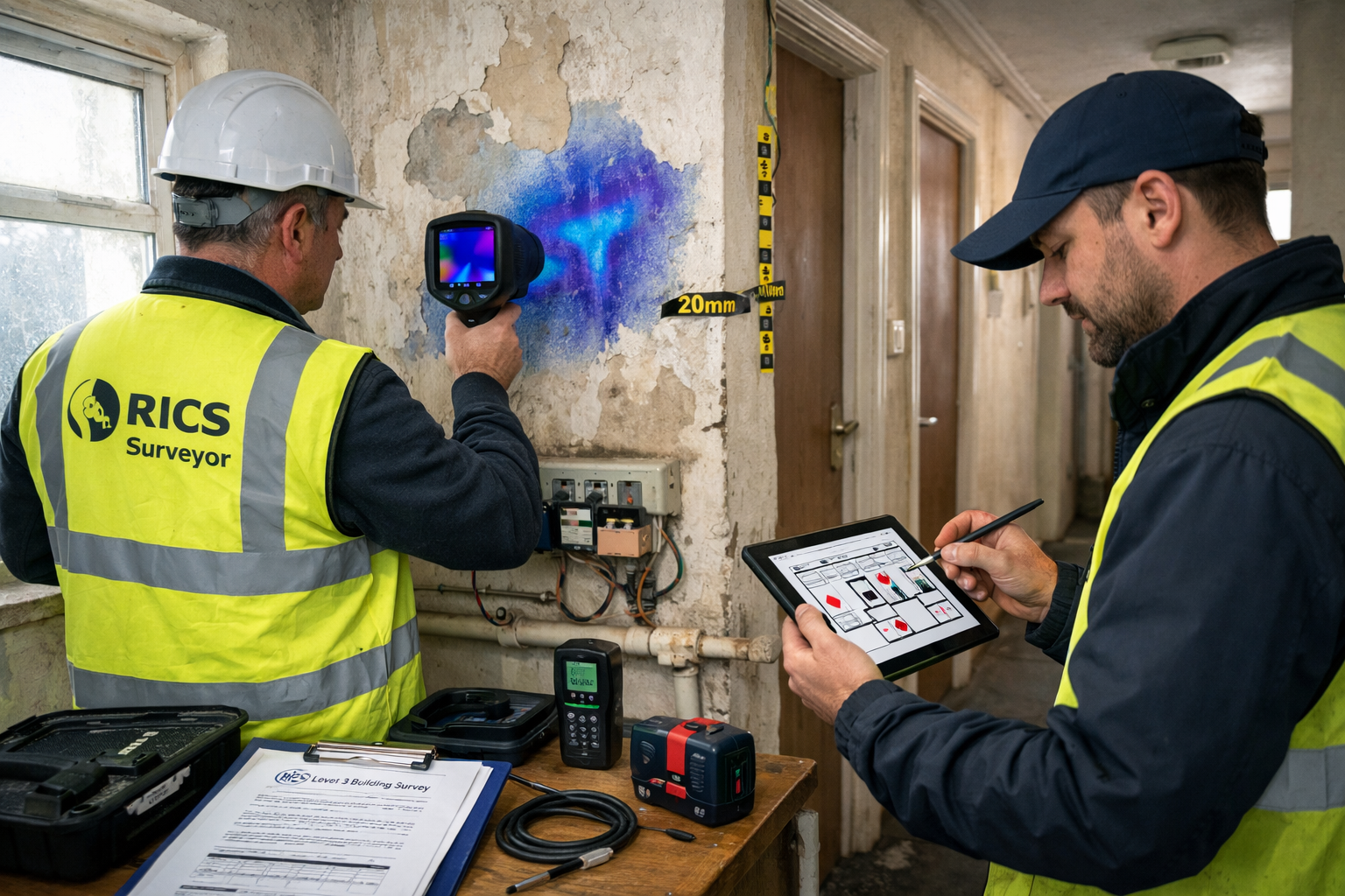 () detailed scene inside multi-occupancy buy-to-let property during professional Level 3 survey inspection. Chartered