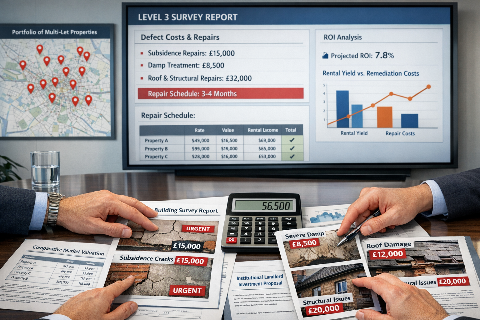 () professional business scene showing investment analysis meeting focused on buy-to-let portfolio assessment. Modern