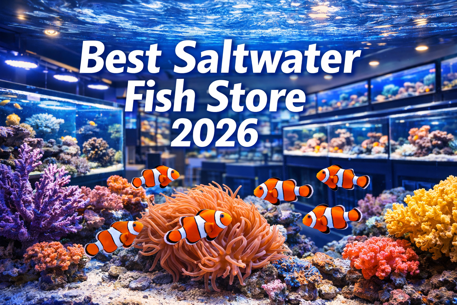 Professional landscape hero image (1536x1024) featuring bold text overlay 'Best Saltwater Fish Store 2026' in extra large 72pt white sans-se