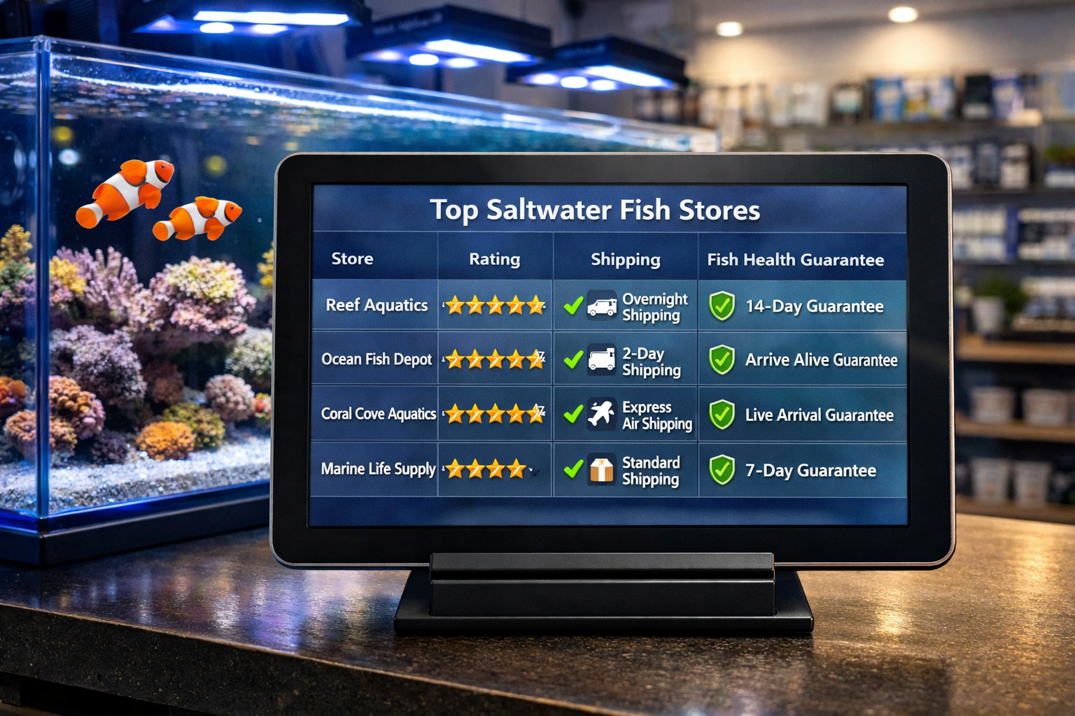 Detailed landscape image (1536x1024) showing comparison chart of top saltwater fish stores with star ratings, shipping options, and fish hea