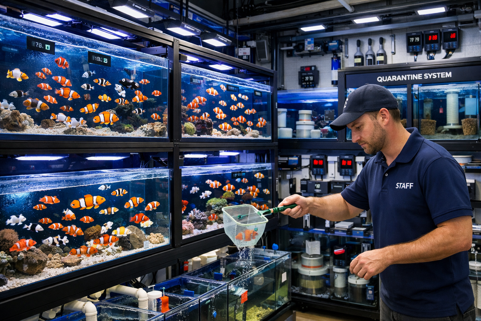 Professional aquarium store interior (1536x1024) with rows of pristine saltwater tanks containing various clownfish species including ocella