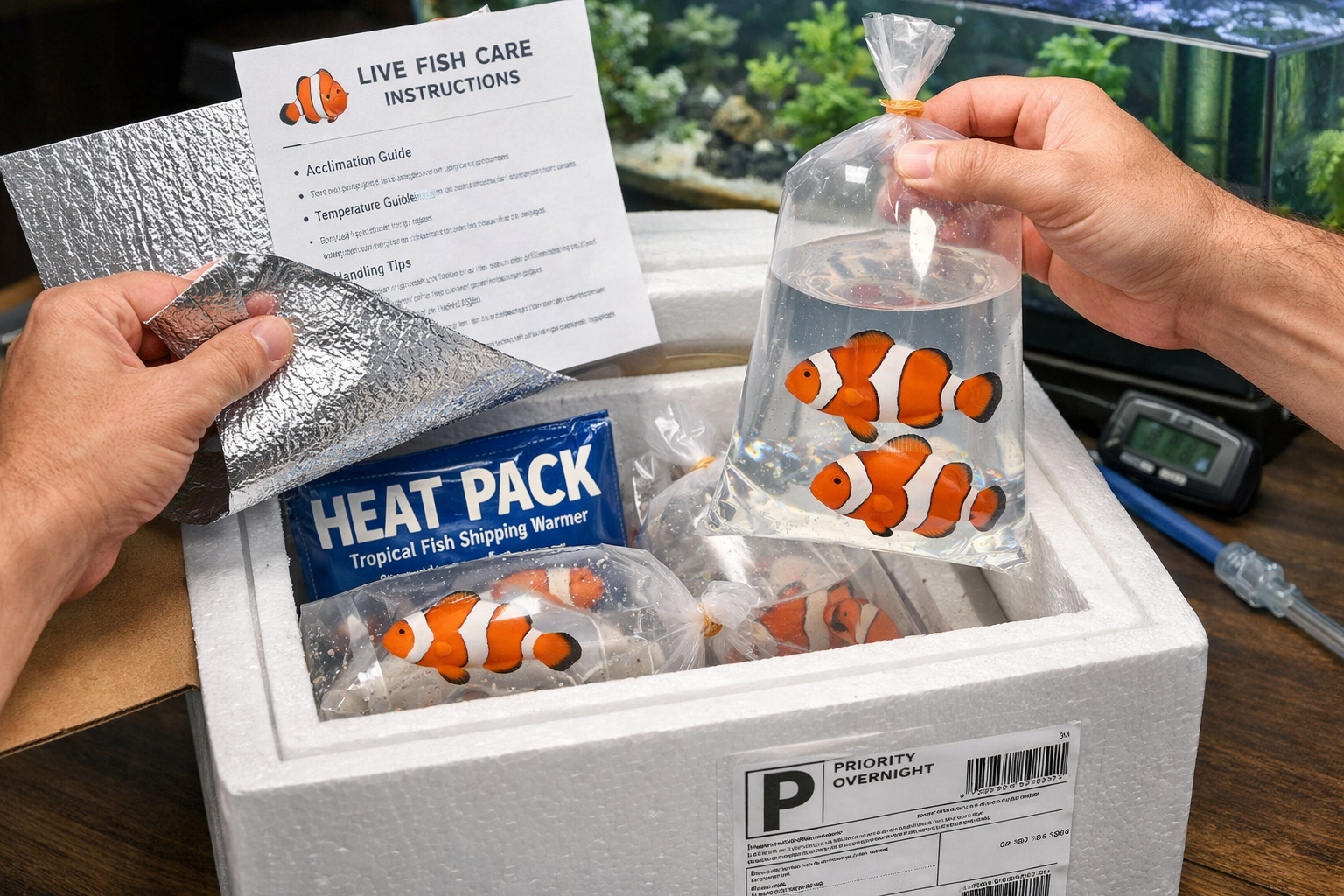 Close-up lifestyle image (1536x1024) of hands carefully unpacking live fish shipping box with insulated materials, oxygen bags containing co