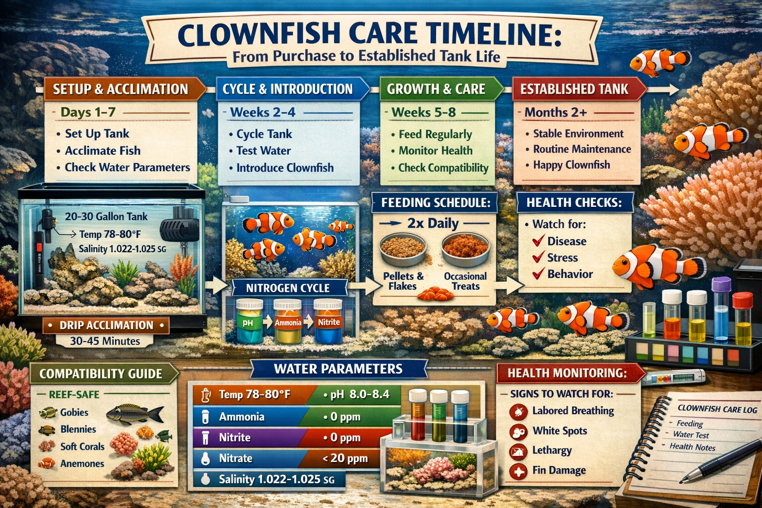 Detailed infographic-style image (1536x1024) showing clownfish care timeline from purchase to established tank life. Visual elements include