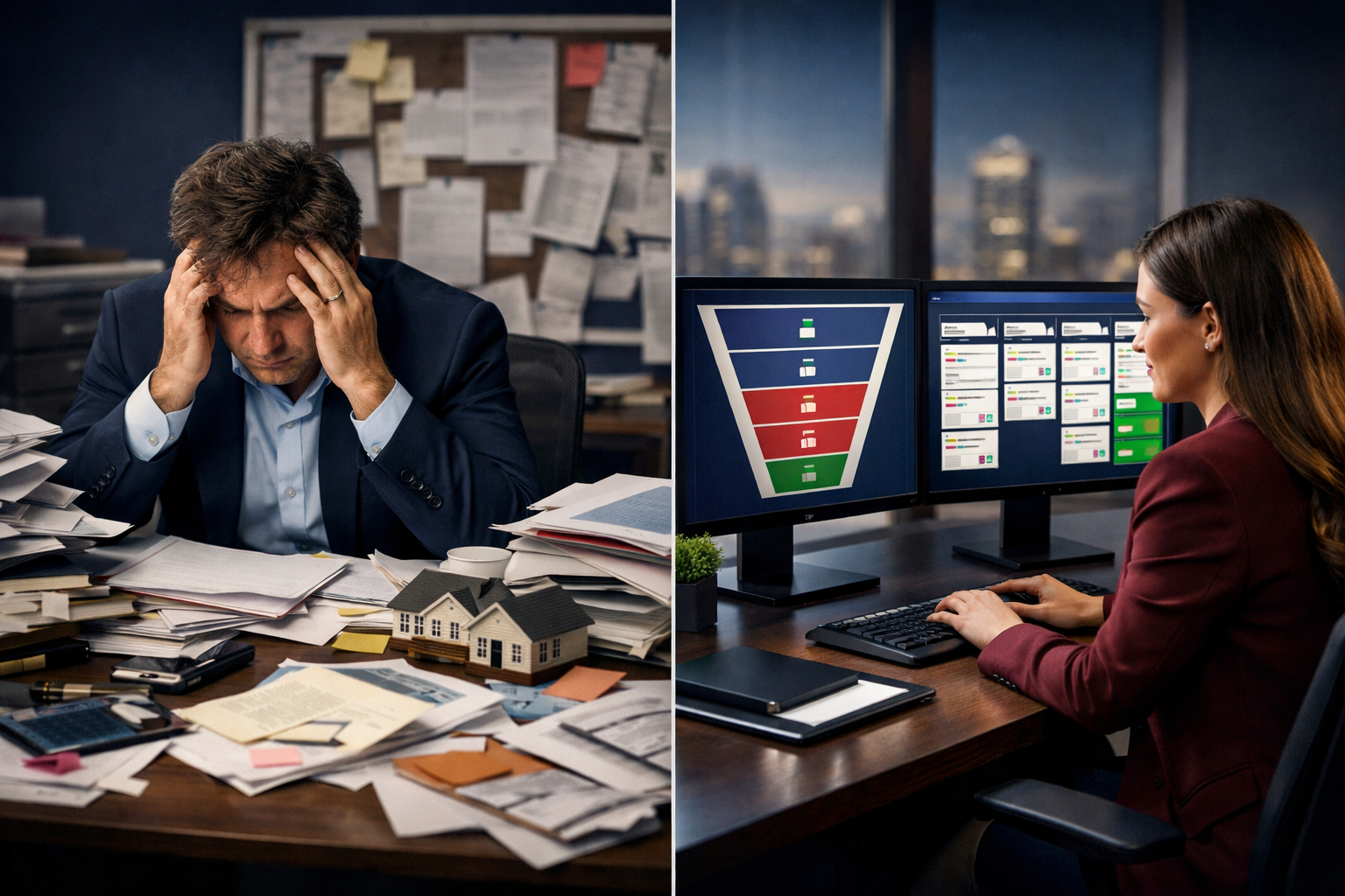 () showing a side-by-side split-screen visual of two real estate agents at separate desks &mdash; one surrounded by paper leads