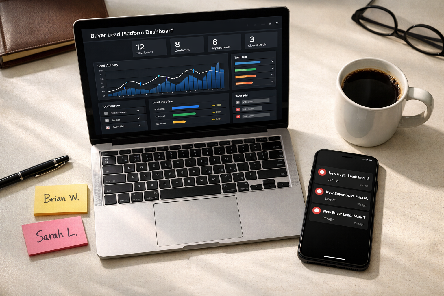 () showing an overhead flat-lay of a real estate agent's desk with a laptop displaying a buyer lead platform dashboard, a